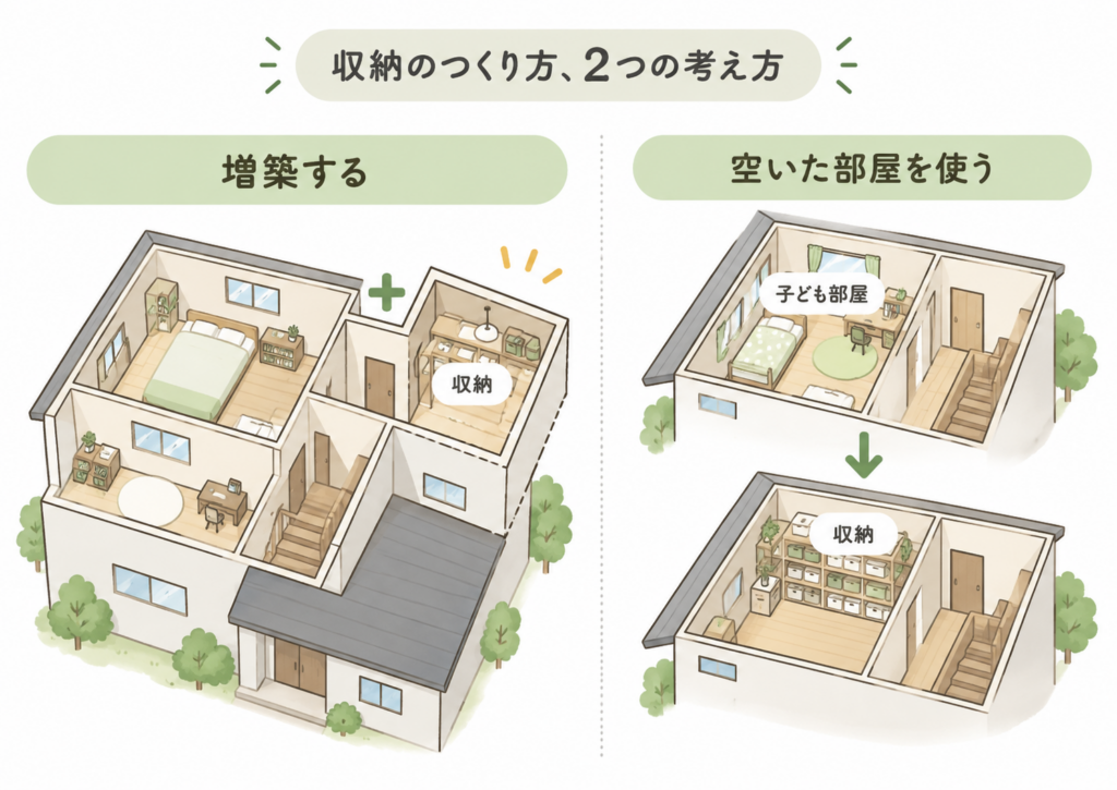 増築で収納を増やす方法と、空いた子ども部屋を収納に変える方法を比較したイラスト